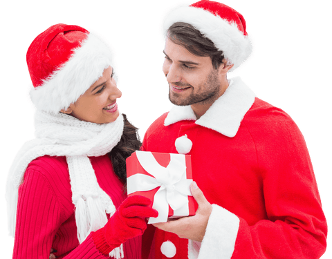 Romantic Couple Celebrating Christmas with Gifts Transparent Background