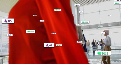 Woman tapping tablet, augmented reality badges showing social metrics in office atrium