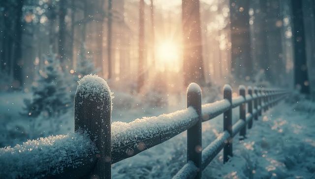 Serene Snow-Covered Fence in Winter Forest Sunset