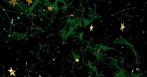 Glowing Green Network Forming Mesh with Floating Gold Stars in Dark Space Tech Constellation