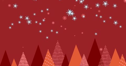 this festive design features snowflakes gently falling over abstract geometrical christmas trees set against a solid red background. ideal for creating holiday greeting cards, seasonal invitations, wrapping paper designs, or digital backgrounds for websites and social media campaigns centered around christmas celebrations.
