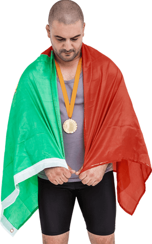 Male Athlete with Gold Medal Wrapped in Portuguese Flag on Transparent Background