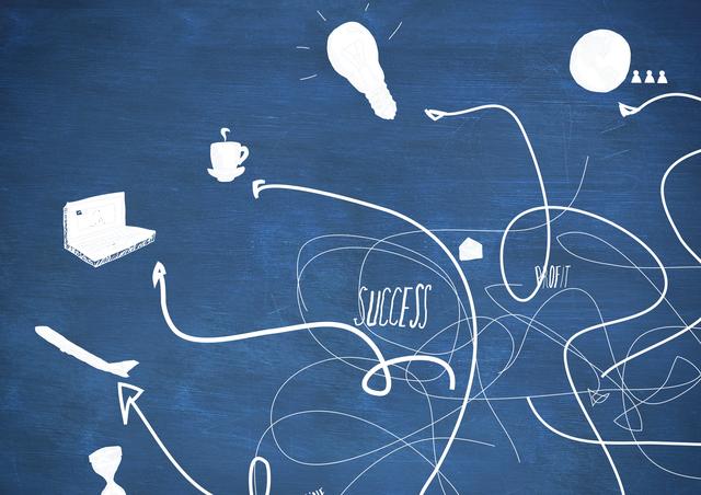 This image depicts a creative approach to business planning with hand-drawn elements on a blue background. Various symbols like arrows, a light bulb, a laptop, a coffee cup, and an airplane are scattered around, representing different aspects of business strategy and brainstorming. The words 'success' and 'profit' are prominently featured, emphasizing the goals of the planning process. This image is ideal for use in presentations, business strategy workshops, marketing materials, and creative brainstorming sessions.