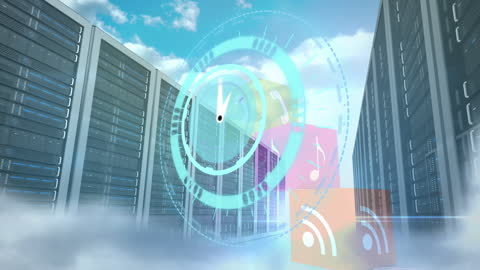 Futuristic Digital Interface with Spinning Clock Overlay on Servers