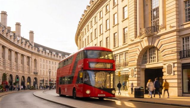 Red double-decker bus traveling along curved neoclassical city street at golden hour