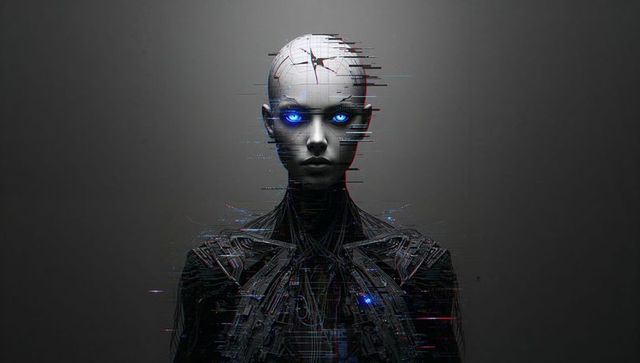 Glitching humanoid android with glowing eyes in futuristic style