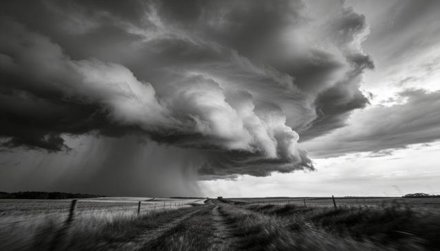 Forming supercell over gravel road sending heavy rain shaft across wide prairie horizon