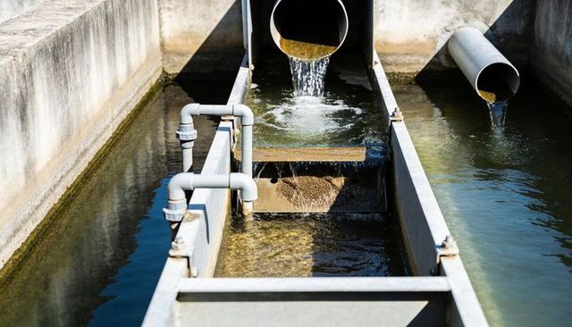 Water treatment plant overflow cascading through concrete channels under sunlight