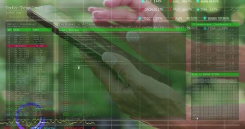 Mature woman holding smartphone over tulip garden showing terminal code and encryption overlay