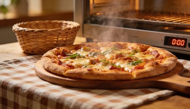 Steaming margherita pizza on wooden peel with oven timer 0:00, checkered cloth, golden crust