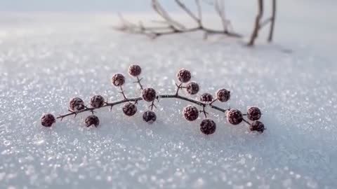 Macro panning revealing frosty twig with berries and sparkling snow crystals