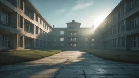 U-shaped building with tranquil courtyard at sunrise