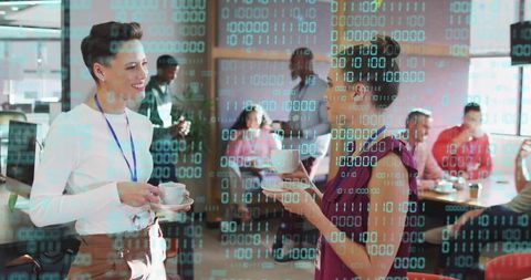 Networking event in modern coworking space with digital interface