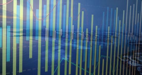 Translucent Bar Chart Overlaying Aerial Coastline Sunset Visualizing Finance Data Trends