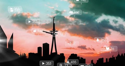 Social Media Engagement with Airplane over Sunset Cityscape