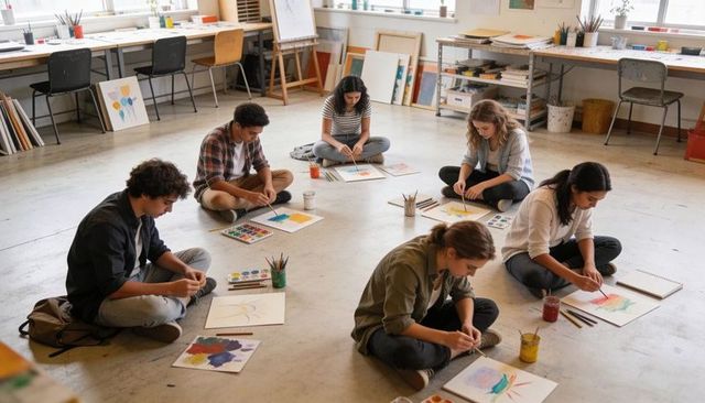 Students painting watercolors on studio floor during group art workshop