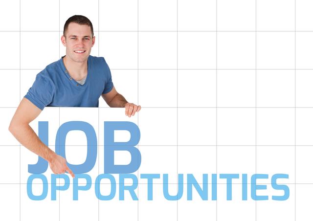 This image shows a smiling male executive pointing to the text 'JOB OPPORTUNITIES' on a white grid background. It is perfect for use on career websites, job boards, recruitment campaigns, and employment promotion materials. This image conveys professionalism and opportunity, making it ideal for educational institutions, corporate HR departments, and career counseling services.