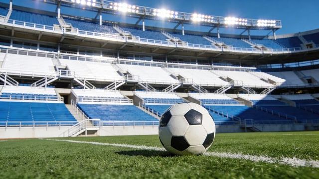 Resting classic soccer ball on green turf by white sideline with blue stadium seating