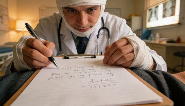 Bandaged doctor leaning over clipboard focused writing medical notes in clinic exam room