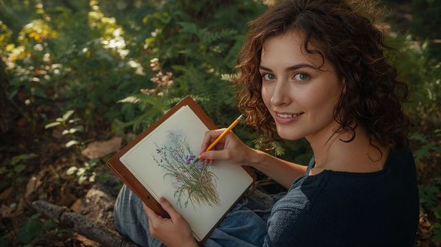 Young woman sketching wildflowers in sunlit woodland, botanical drawing, creative relaxation