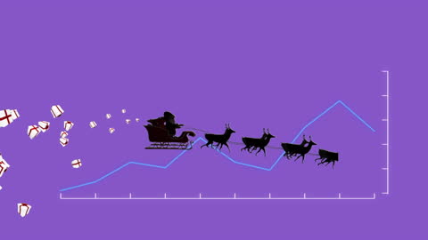 An animated illustration shows Santa in his sleigh zooming above a dynamic data line graph with presents falling out. This creative graphical depiction combines holiday cheer with data analytics, perfect for festive presentations or infographics about seasonal sales trends, growth in online shopping, or digital marketing campaigns centered around Christmas.