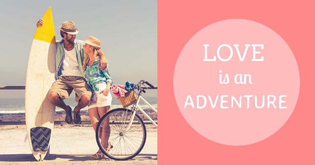 Romantic Couple with Surfboard and Bike Embracing Adventure - Download Free Stock Templates Pikwizard.com