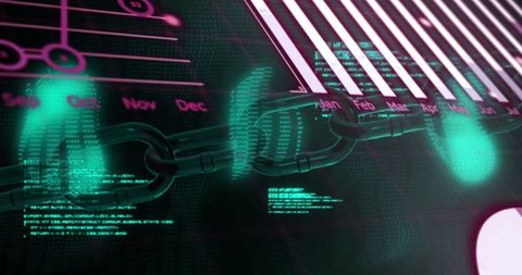 Glowing metal chain linking data visuals with bar chart, monthly timeline and code overlay