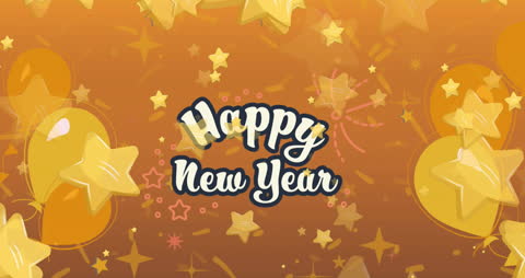 Happy New Year Celebration with Stars and Balloons on Orange