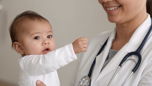 Pediatrician holding baby during checkup smiling clinician with stethoscope