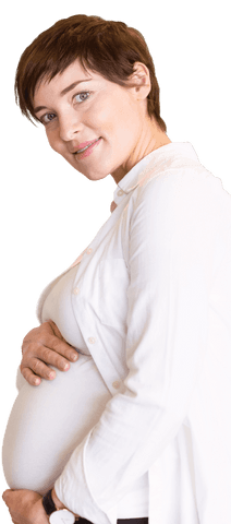 Smiling Pregnant Woman Holding Belly on Transparent Background