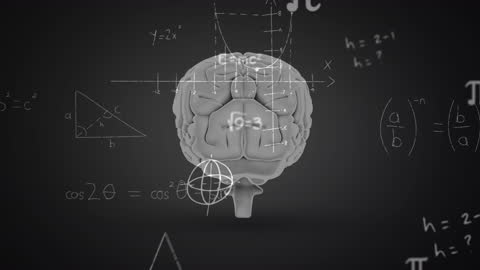 Rotating Brain Illustration with Math Formulas on Black Background