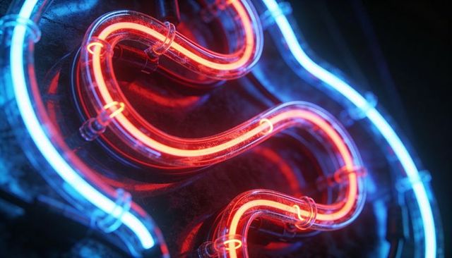 Glowing Red and Blue Neon Tubes Snaking on Weathered Sign Backing with Reflective Clips