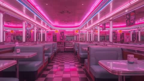 Neon Diner Loop: Retro Booths Glowing Pink, Mirrors Reflecting Checkered Floor