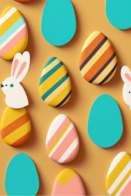 Colorful Easter eggs and bunny cutouts arranged on yellow background. Ideal for holiday greeting cards, seasonal advertisements, festive decorations, and spring-themed designs.