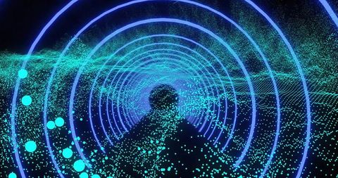 Silhouette Entering Neon Data Tunnel with Radiant Rings and Floating Particle Stream