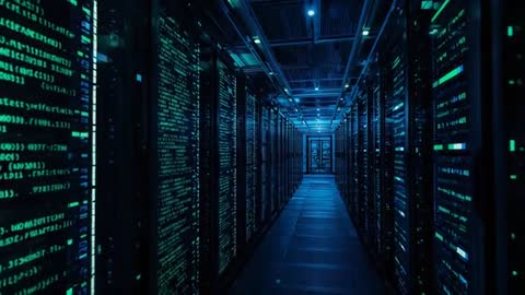 Virtual Data Center Corridor Showing High-Tech Server Racks