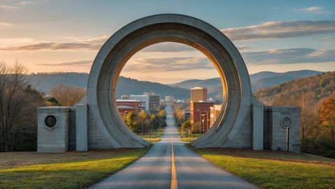 Scenic stone archway guiding road to quaint town, knoxville concept