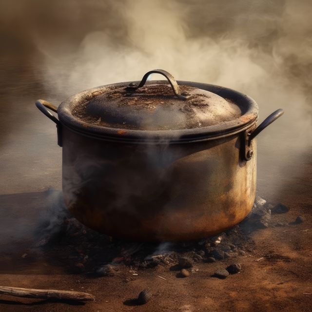 A large pot simmers over an open fire outdoors. Evoking a rustic cooking scene, the steam and smoke blend into the warm, ambient background.