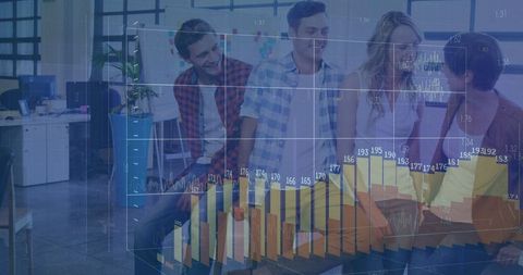Young Professionals Collaborating with Data Bar Chart Overlay