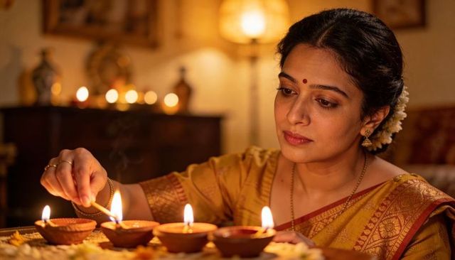 Indian woman lighting clay diyas in golden saree with jasmine gajra during diwali ritual