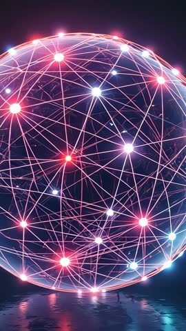 Spinning glass network orb pulsing neon nodes vertical video with zooming camera and reflective floo