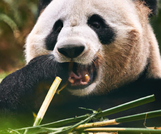 This image captures a close-up view of a giant panda eating bamboo stems. It can be used for educational content on wildlife, zoo promotions, and nature conservation campaigns.