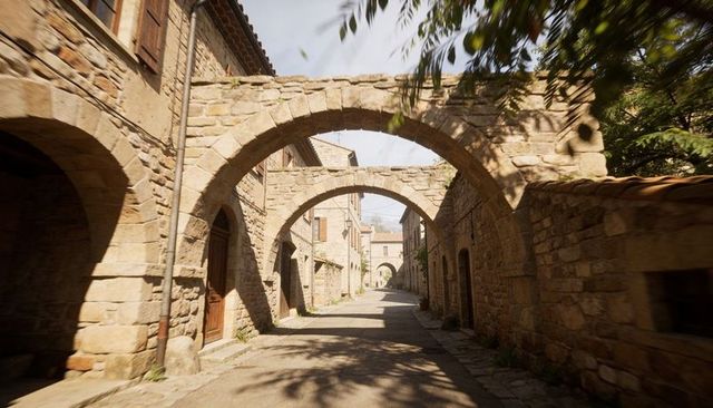 Sunlit medieval stone archways leading down historic cobblestone alley with wooden doors