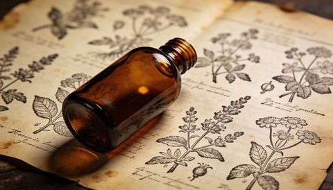 Amber apothecary bottle on vintage botanical engraving pages with herbal sketches