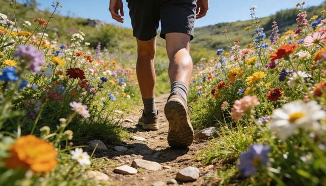 Hiker walking through colorful wildflower meadow on sunny trail low-angle outdoor adventure