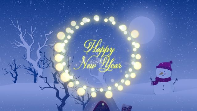 Animation showcasing 'Happy New Year' message encircled by glowing fairy lights against a snowy winter backdrop with a friendly snowman. Ideal for festive greeting cards, website banners, or social media announcements celebrating the New Year.