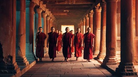 Young monks walking through historic temple