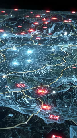 Vertical Panning Over Futuristic Wireframe Terrain Map Highlighting Pulsing Red Markers