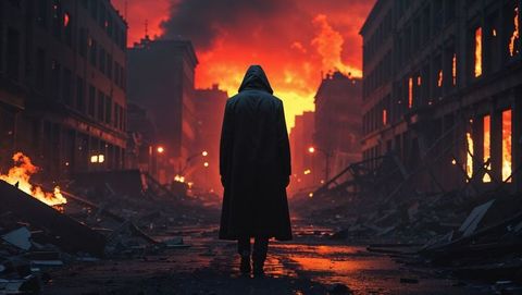 Hooded figure walking through apocalypse-stricken dystopian urban wasteland