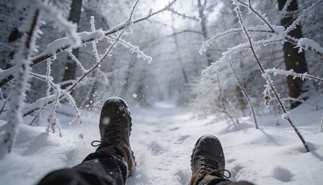 Hiker boots on packed snow trail with frosty branches, winter forest trek perspective